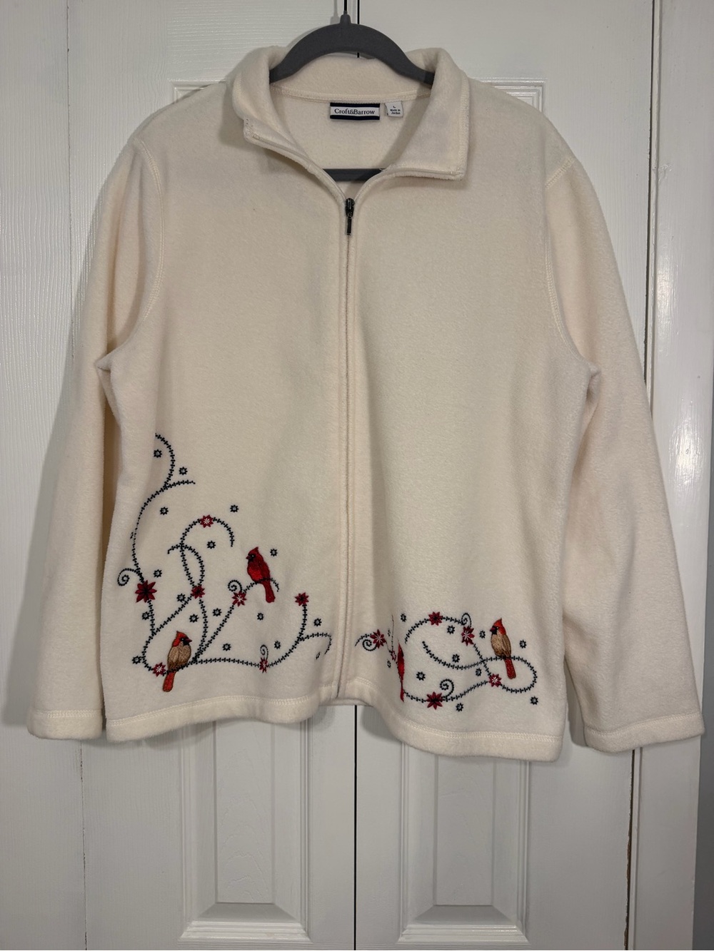 Croft & Barrow Cardinal Embroidered Full Zip Fleece Jacket Large Ivory